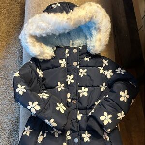 Floral Puffer Jacket with Faux Fur Hood